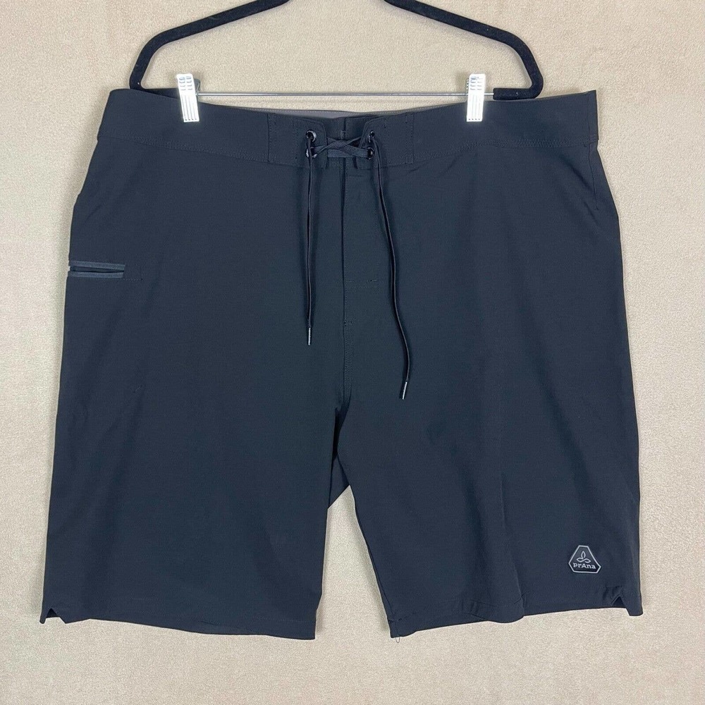 Prana Swim Trunk Mens 40 Black Drawstring Waist Zip Pocket High Rise UPF50+